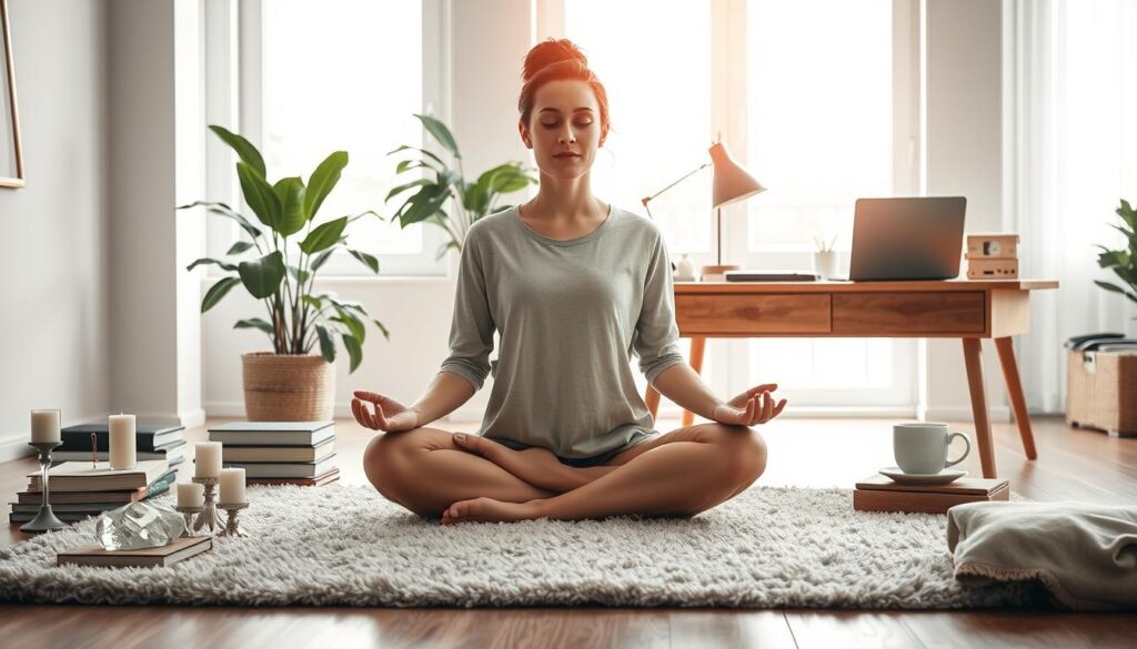 Woman meditating to declutter her mind and improve focus.