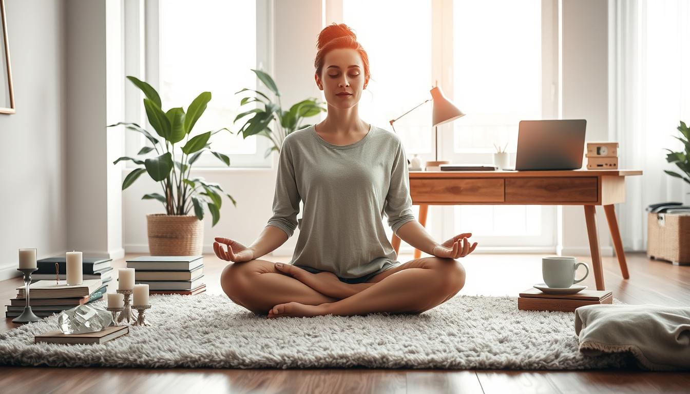 Woman meditating to declutter her mind and improve focus.