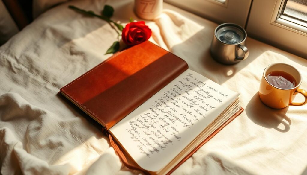 A beautiful, leather-bound journal lays open on a soft, linen-covered surface. The pages are filled with delicate, handwritten entries, each one expressing heartfelt gratitude. Sunlight filters through a nearby window, casting a warm, golden glow across the scene. Nearby, a single red rose and a cup of fragrant, steaming tea suggest a moment of quiet reflection and self-care. The composition is framed by a minimalist, Scandinavian-inspired aesthetic, creating a serene and inviting atmosphere. The overall mood is one of mindfulness, appreciation, and romantic self-love.