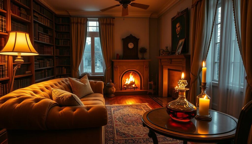 A cozy living room with a plush, tufted velvet sofa bathed in warm, golden lighting from a vintage floor lamp. Bookshelves line the walls, filled with leather-bound volumes. A crackling fireplace casts a romantic glow, and a Persian rug covers the hardwood floor. Soft, lush curtains frame the windows, allowing just a hint of moonlight to filter in. Candles flicker on a delicate, antique side table, their flickering flames reflecting in a crystal decanter filled with amber-hued liquor. The atmosphere is intimate, welcoming, and infused with a sense of timeless elegance.