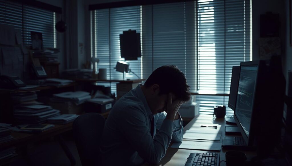 A dimly lit office space, with a weary employee seated at their desk, eyes downcast and shoulders slumped. The background is cluttered with distractions - ringing phones, piles of paperwork, and a computer screen filled with notifications. Shafts of light filter through the blinds, casting shadows across the scene, creating a sense of tension and unease. The employee appears lost in thought, struggling to maintain focus and remain present amidst the overwhelming demands of the workplace. The mood is one of subtle desperation, highlighting the challenges of cultivating mindfulness in a high-stress, fast-paced work environment.