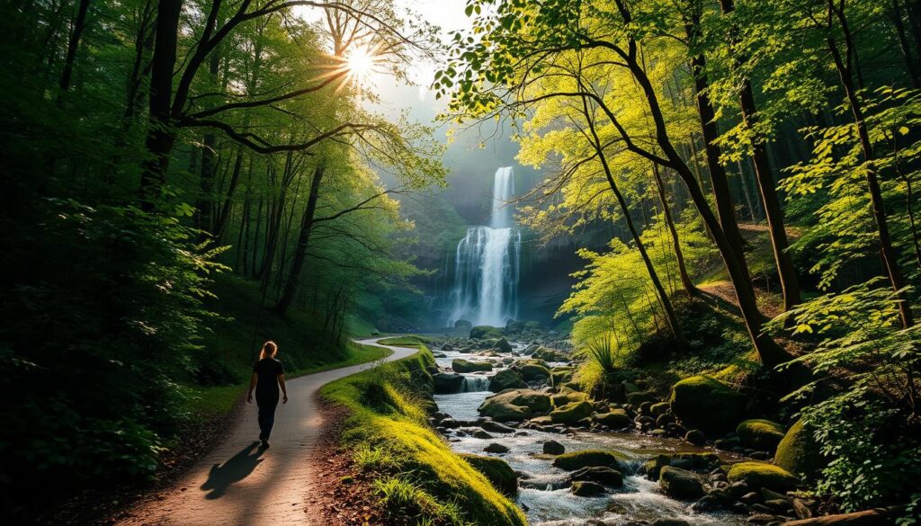 A serene forest landscape, with a winding path leading through lush, verdant foliage. Sunlight filters gently through the canopy, casting a warm, golden glow on the scene. In the foreground, a lone figure walks mindfully, connecting with the natural world around them. The middle-ground features a burbling stream, its soothing sounds complementing the tranquil atmosphere. In the distance, a picturesque waterfall cascades over mossy rocks, its misty spray creating a sense of enchantment. The overall mood is one of introspection, wonder, and a deep appreciation for the beauty of nature.