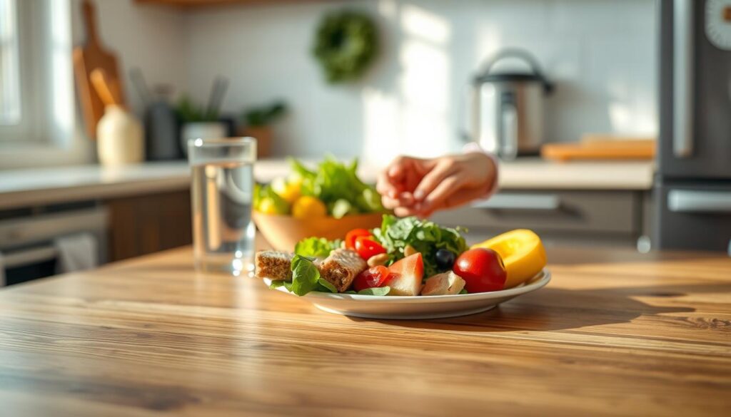 A serene kitchen scene with a wooden table in the foreground, featuring a balanced plate of various healthy foods - a salad, whole grain bread, fresh fruit, and a glass of water. The lighting is soft and natural, creating a warm, inviting atmosphere. In the middle ground, a pair of hands gently portioning out the food, emphasizing the act of mindful eating. The background blurs slightly, keeping the focus on the table and the portion control in progress. The overall mood is one of calmness, mindfulness, and a sense of nourishment and well-being.