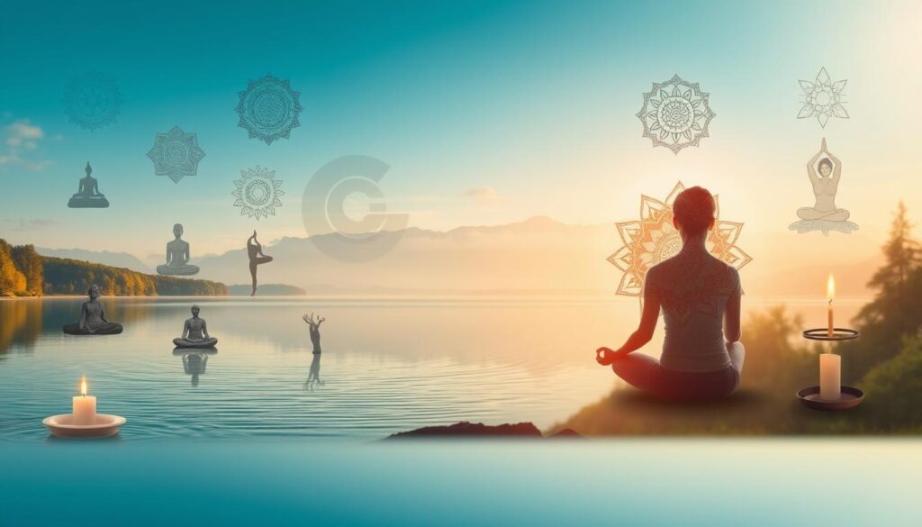 A serene landscape with a peaceful lake, surrounded by lush green trees and mountains in the distance. The foreground features a person sitting cross-legged, eyes closed, in a state of deep meditation, with an aura of tranquility surrounding them. Soft, warm lighting filters through the scene, creating a calming atmosphere. The middle ground showcases various mindfulness and relaxation techniques, such as yoga poses, candles, and incense. The background subtly incorporates symbols of inner harmony, such as a mandala or a zen garden. The overall composition conveys a sense of balance, introspection, and rejuvenation.