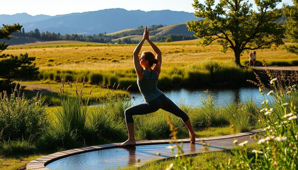 A serene outdoor scene on a weekend morning. In the foreground, a person engaging in a dynamic yoga flow, surrounded by lush greenery and a calming water feature. The middle ground showcases a picturesque meadow with wildflowers, bathed in warm, golden sunlight. In the background, rolling hills and a clear blue sky, creating a sense of tranquility and rejuvenation. The composition is balanced, with the person's pose and the natural elements complementing each other to convey a feeling of physical activity, stress relief, and a peaceful retreat from the demands of daily life.