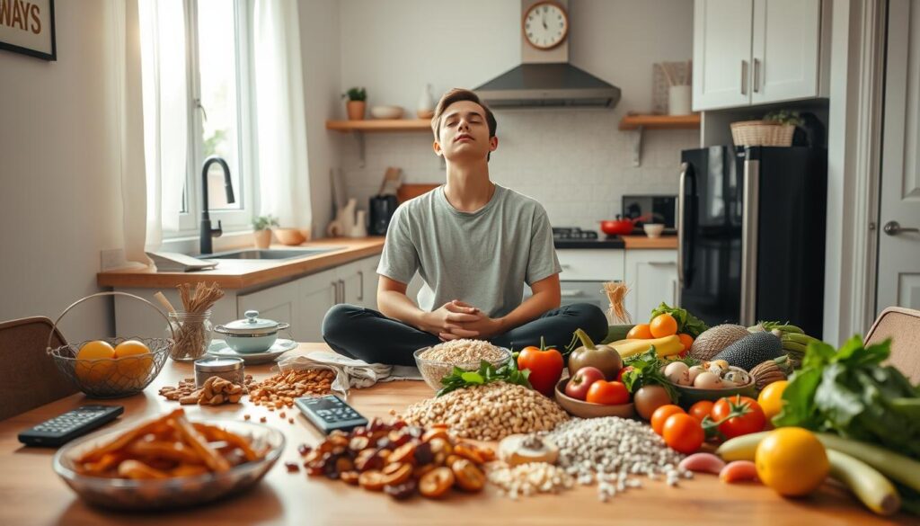 A tranquil kitchen scene, filled with thoughtfully arranged healthy foods and mindful eating tools. Soft, natural lighting flows through the windows, casting a warm glow on the setting. In the foreground, a person sits cross-legged at the table, eyes closed, deeply engaged in the act of conscious consumption. Surrounding them, various obstacles to mindful eating are subtly depicted - a smartphone, a TV remote, a scattered pile of snacks. The middle ground features an array of whole, unprocessed ingredients - fresh fruits, vegetables, grains, and herbs. In the background, the kitchen is tidy and uncluttered, creating a sense of order and serenity. The overall atmosphere conveys the challenges and rewards of mindful eating.