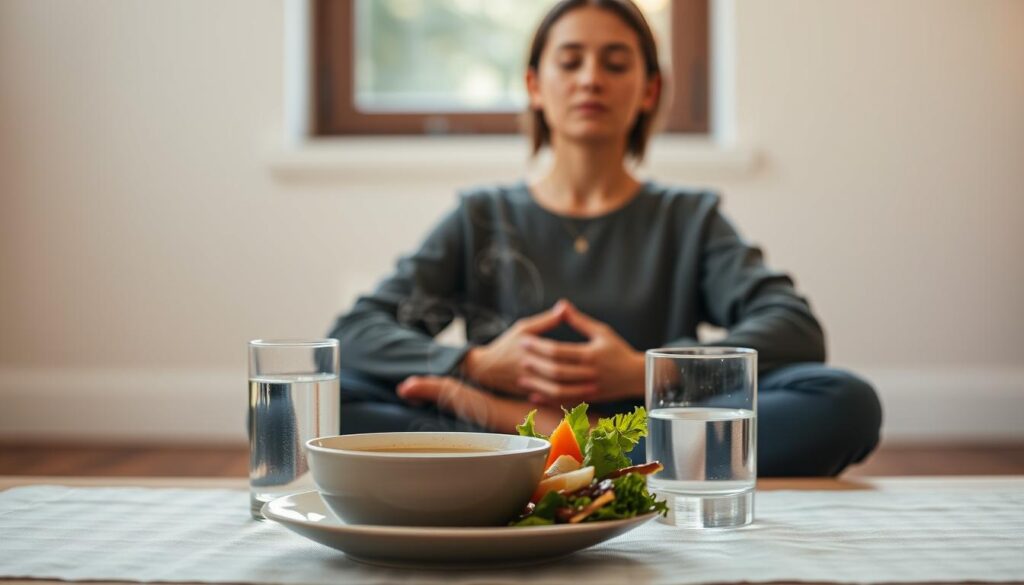 A tranquil scene of a person practicing mindful eating techniques. In the foreground, a table set with a healthy meal - a bowl of steaming soup, a plate of fresh vegetables, and a glass of water. The person sits cross-legged, eyes closed, hands resting gently on their lap, exuding an aura of peaceful concentration. Soft, natural lighting filters in from a window in the middle ground, casting a warm glow on the scene. The background is blurred, suggesting a serene, minimalist environment, free from distractions. The overall mood is one of mindfulness, presence, and a deep appreciation for the nourishing act of eating.