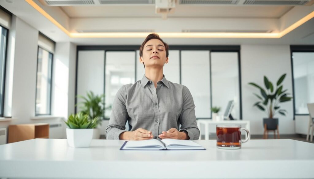 A well-lit, serene office setting with a professional at their desk practicing mindfulness exercises. In the foreground, the person is sitting upright, eyes closed, palms resting gently on the desk, an expression of calm focus on their face. The middle ground shows the tidy, minimalist desk with a potted plant, a mug of tea, and a notebook. The background depicts a bright, airy room with large windows, soft indirect lighting, and simple yet elegant decor. The overall mood is one of tranquility, balance, and productivity, capturing the essence of mindful desk practices for busy professionals.