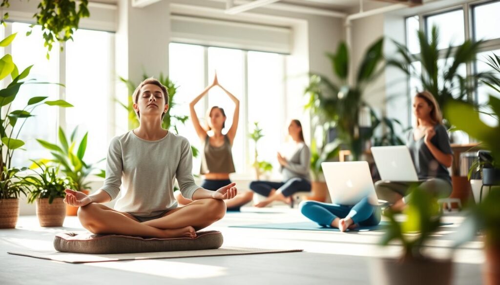 Mindfulness Practices for Employees A serene, sunlit workspace with employees engaging in various mindfulness exercises. In the foreground, a person sits cross-legged on a comfortable floor cushion, eyes closed, palms resting on their knees, practicing deep breathing. In the middle ground, another employee stretches their arms overhead, finding a moment of gentle movement and release. Surrounding them, lush indoor plants and natural light create a calming, nature-inspired atmosphere. In the background, additional workers are engaged in guided meditation, their faces reflecting a sense of focus and tranquility. The lighting is soft and diffuse, complementing the soothing mood. The overall scene conveys the integration of mindfulness practices into the corporate environment, promoting employee well-being and work-life balance.