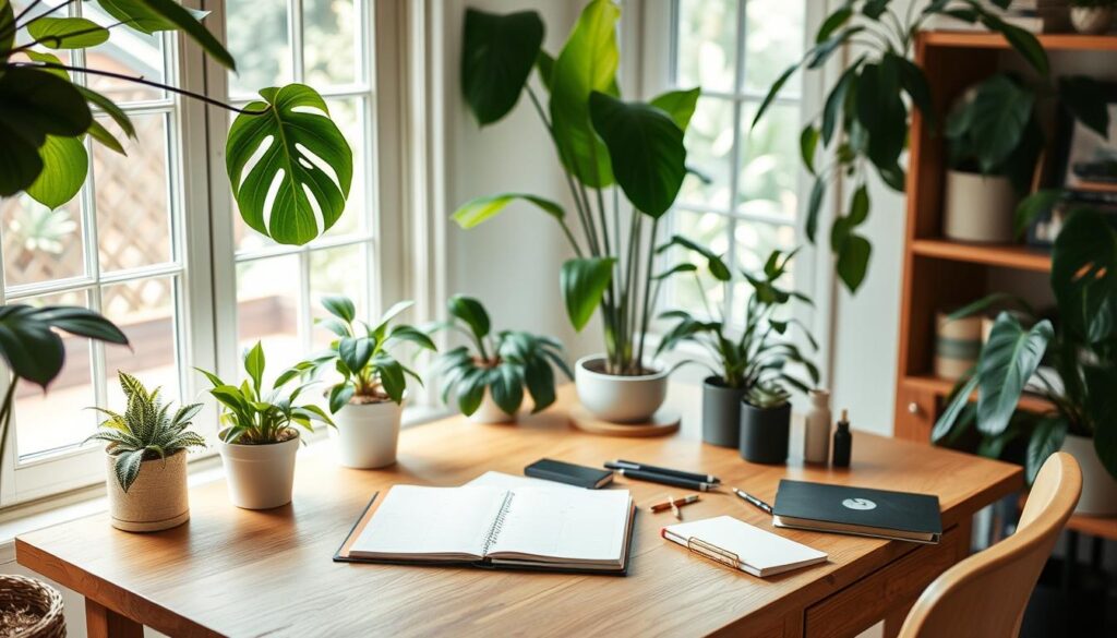 Weekend Reset Planning: A cozy home office with a wooden desk, surrounded by lush houseplants and natural light filtering through large windows. On the desk, a planner, notebook, and various stationery items are neatly arranged, creating a sense of organization and productivity. The space exudes a warm, serene atmosphere, inviting the viewer to settle in and thoughtfully map out their ideal weekend reset routine.